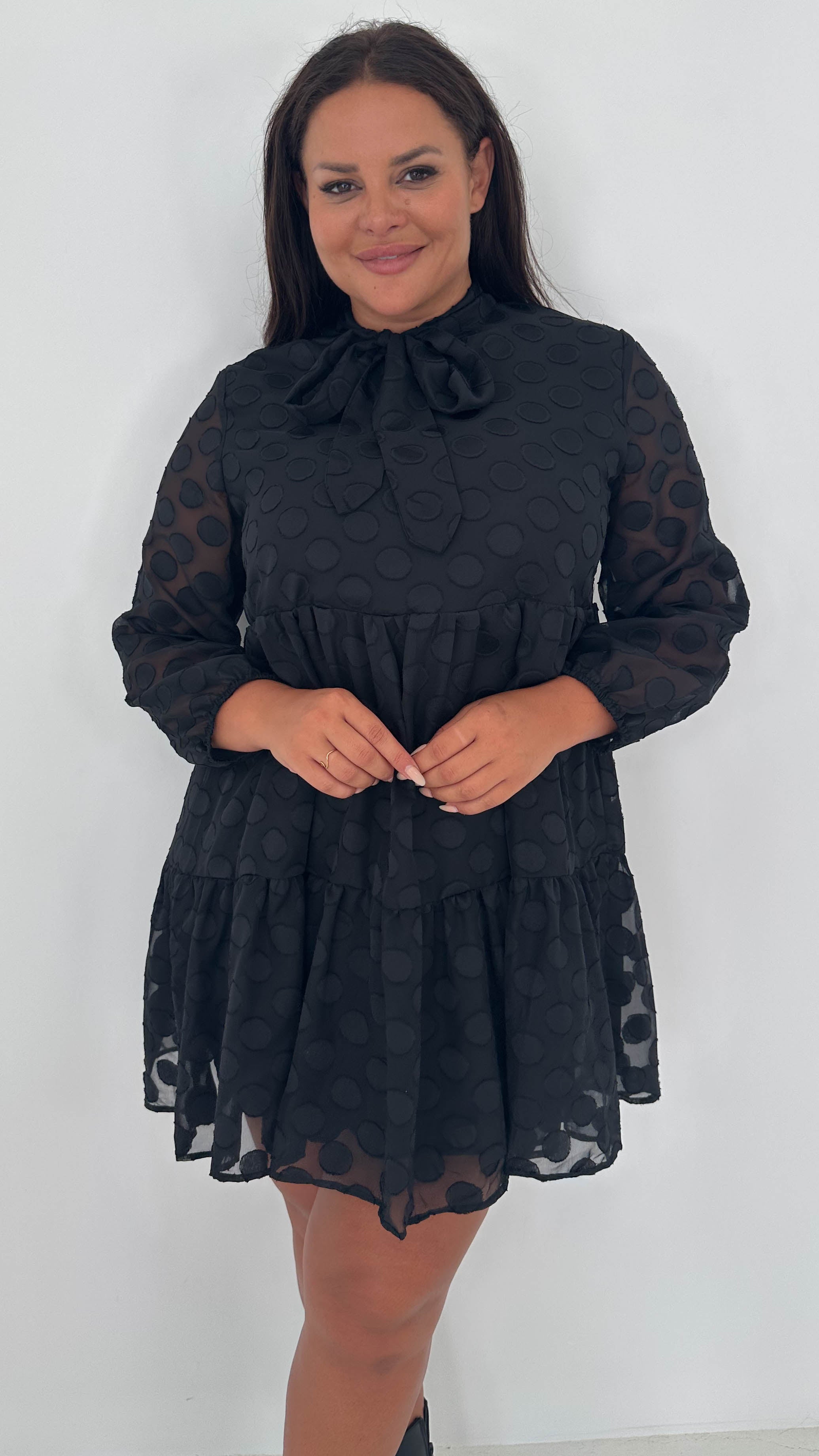 CurveWow Pussybow Spot Dress Black