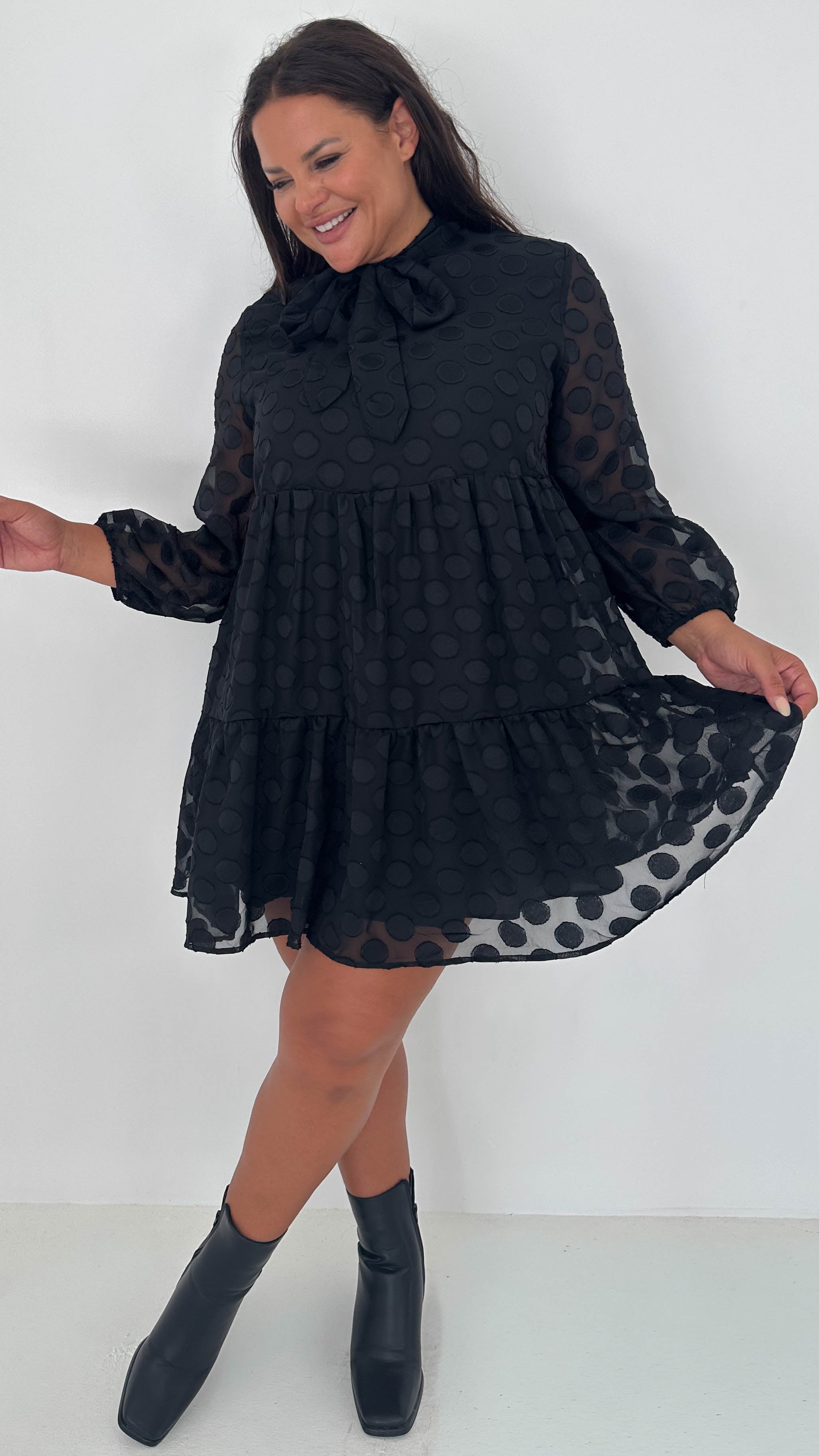 CurveWow Pussybow Spot Dress Black