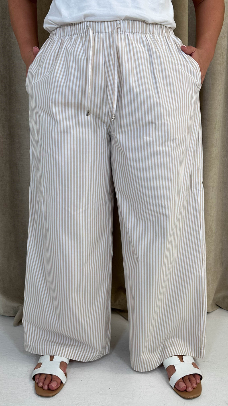 CurveWow Linen Stripe Wide Leg Trousers Sand