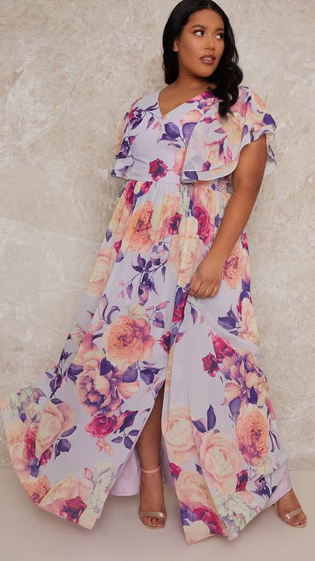 Chi Chi Floral Frill Sleeve Maxi Dress Lilac