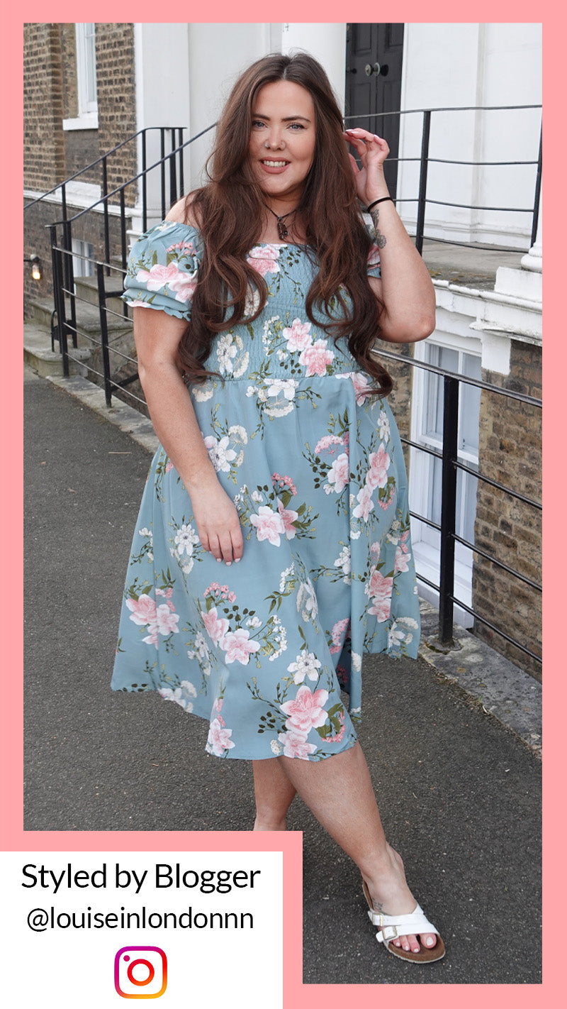 CurveWow Square Neck Shirred Midi Dress Green Floral