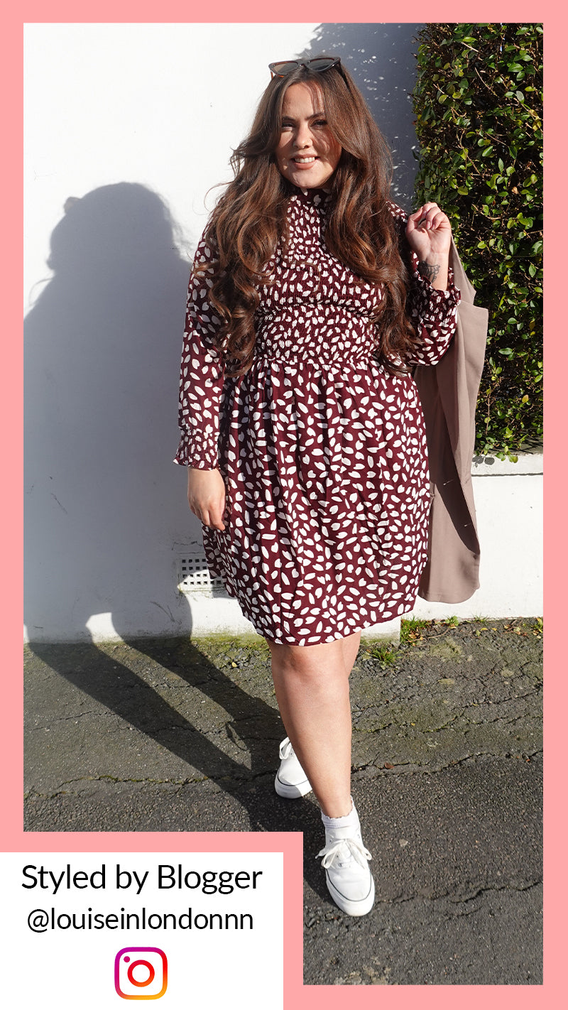 CurveWow Shirred Skater Dress Berry Print