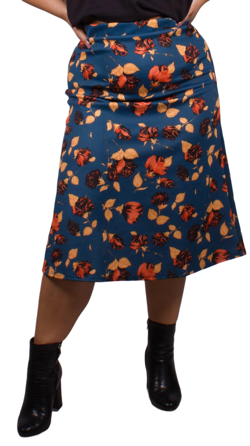 Curvewow Teal Floral Midi Skirt