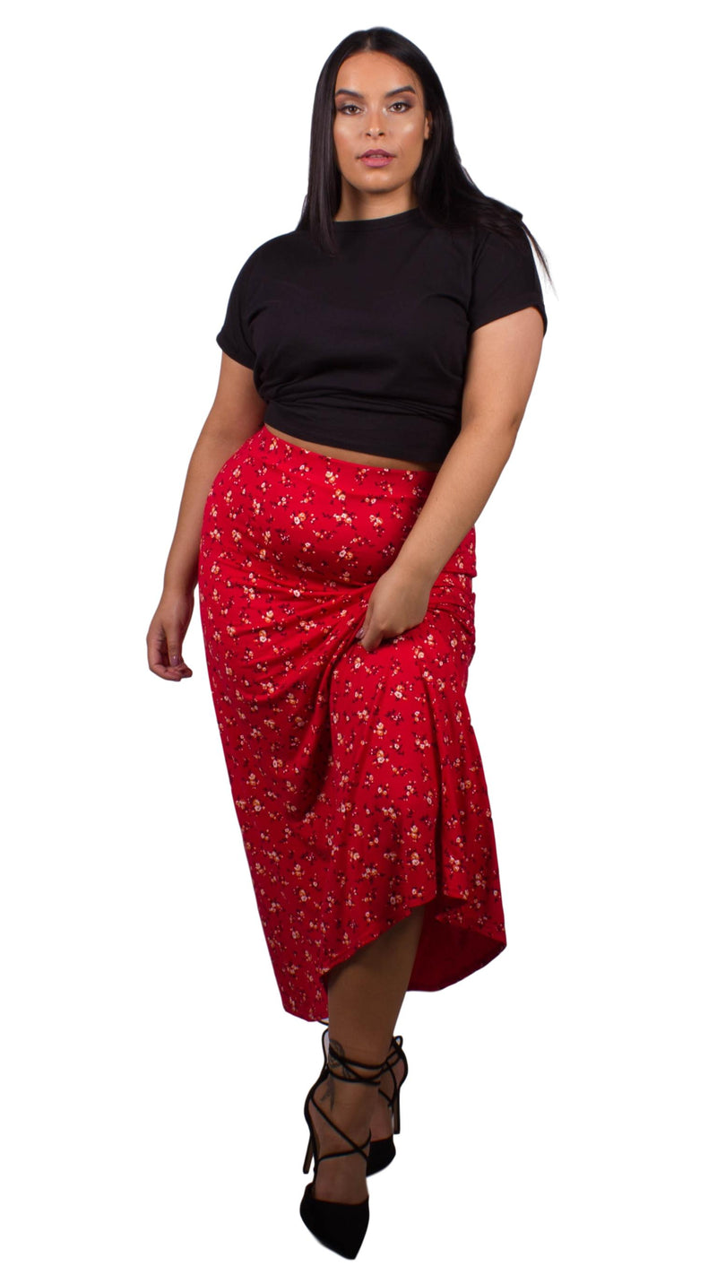 Curvewow Red Floral Maxi Skirt
