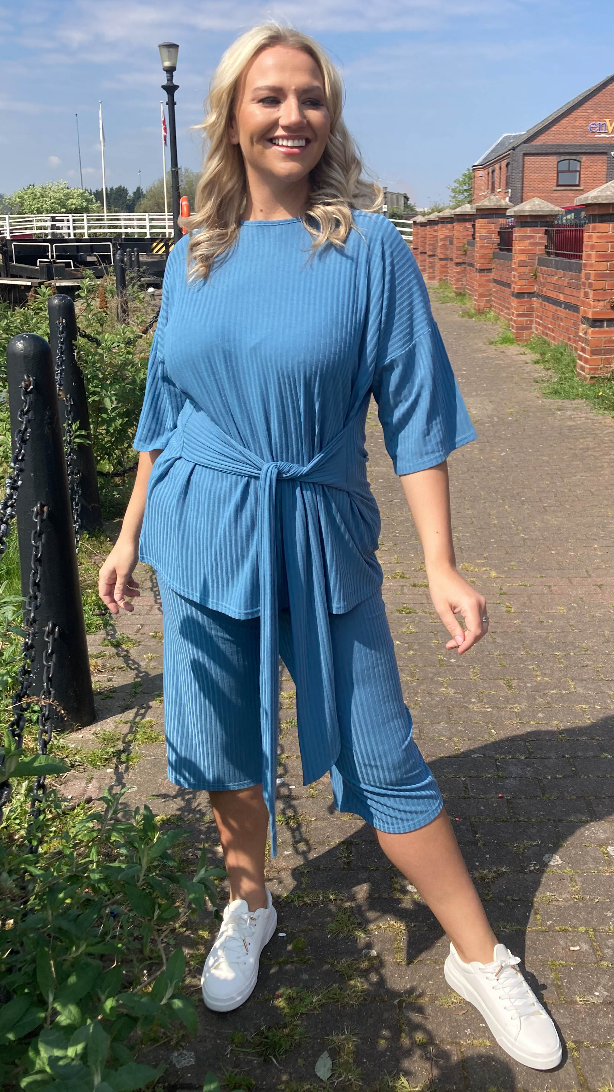 CurveWow Ribbed Short Sleeve Lounge Top Denim Blue