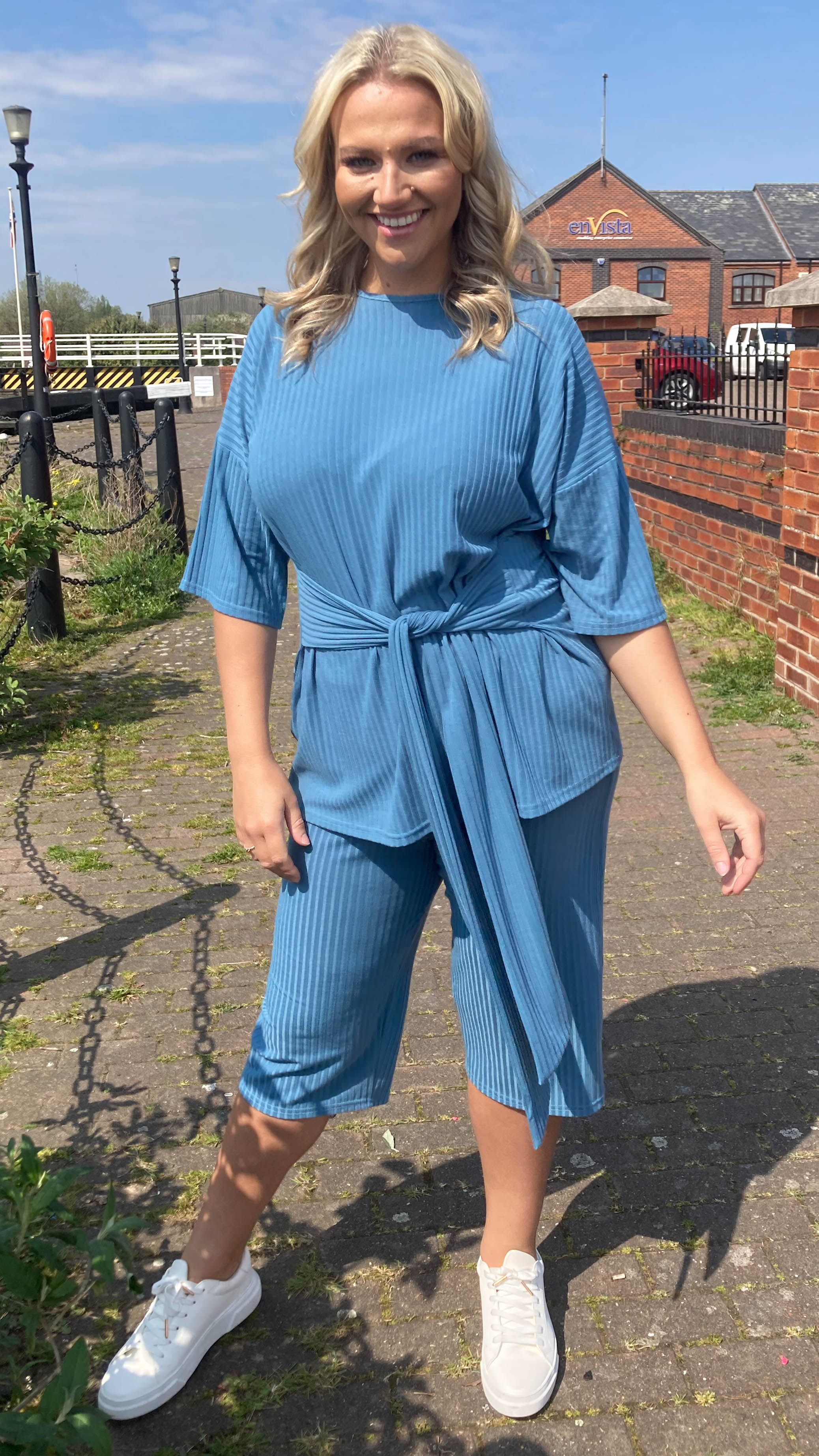 CurveWow Ribbed Short Sleeve Lounge Top Denim Blue