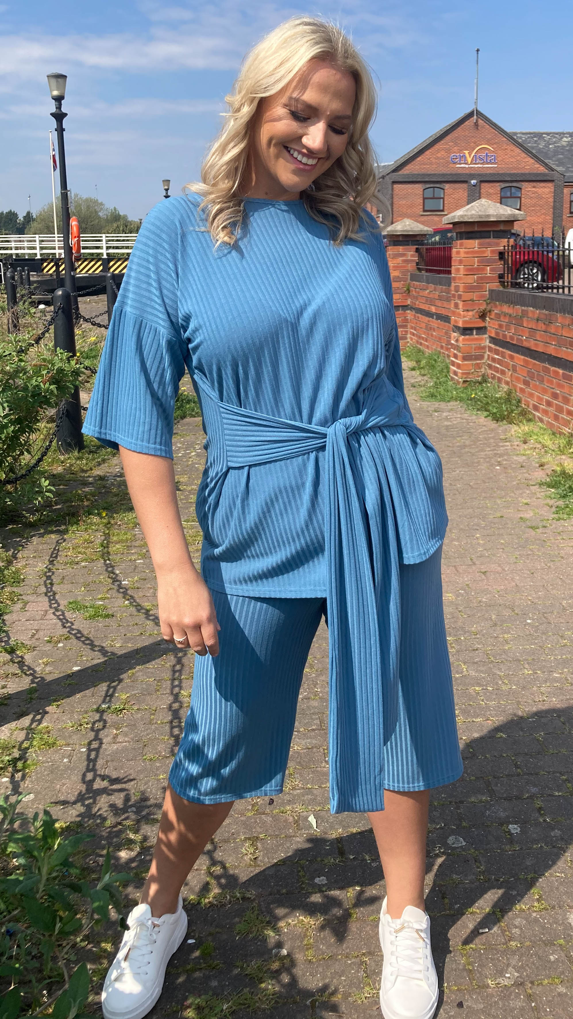 CurveWow Ribbed Short Sleeve Lounge Top Denim Blue