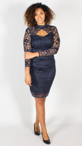 Rosario Navy Midi Dress with Long Sleeves & Scallop Detailing