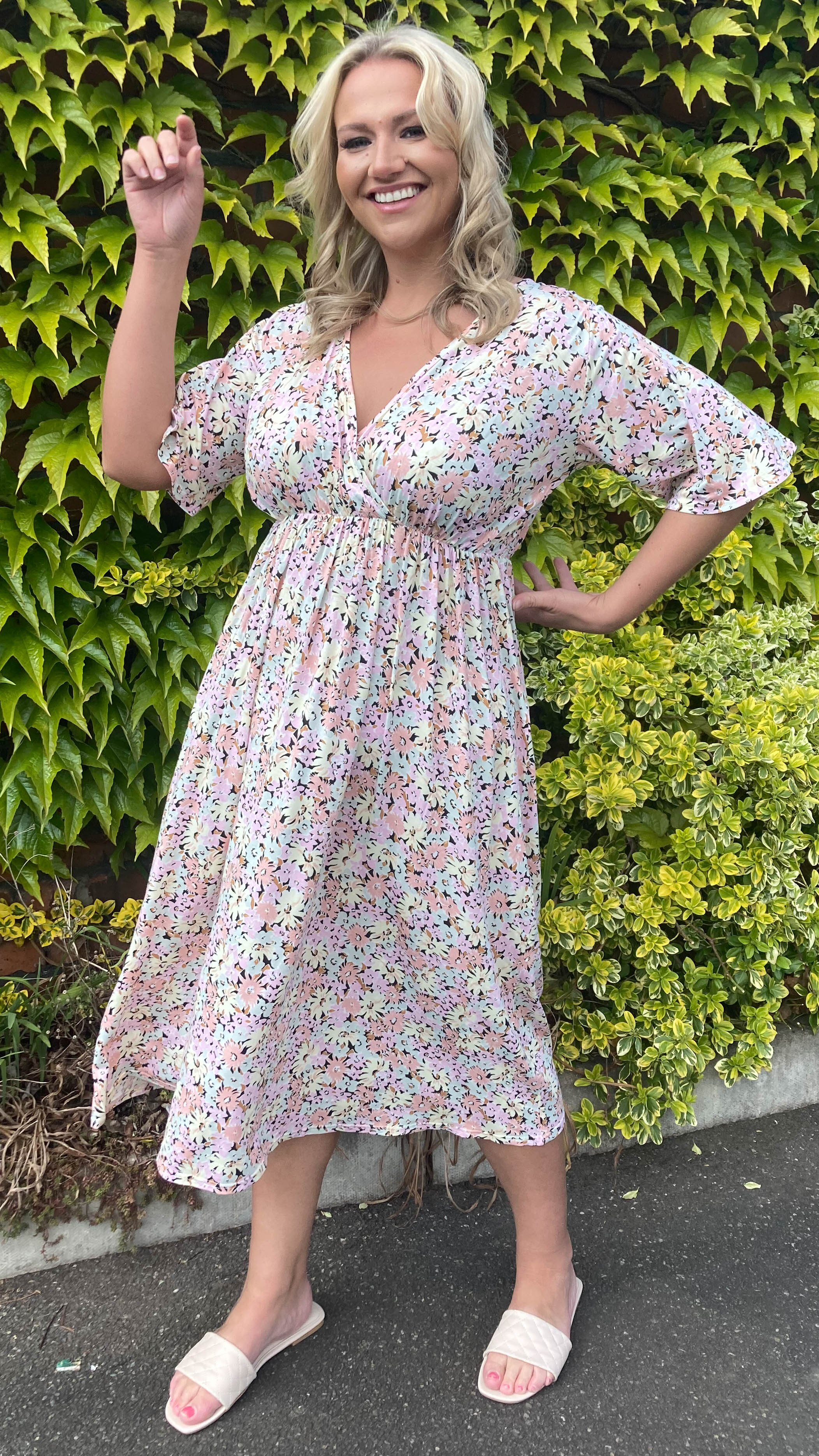 CurveWow Pastel Floral Wrap Midi Dress Curvewow CurveWow Pastel Floral Wrap Midi Dress Curvewow