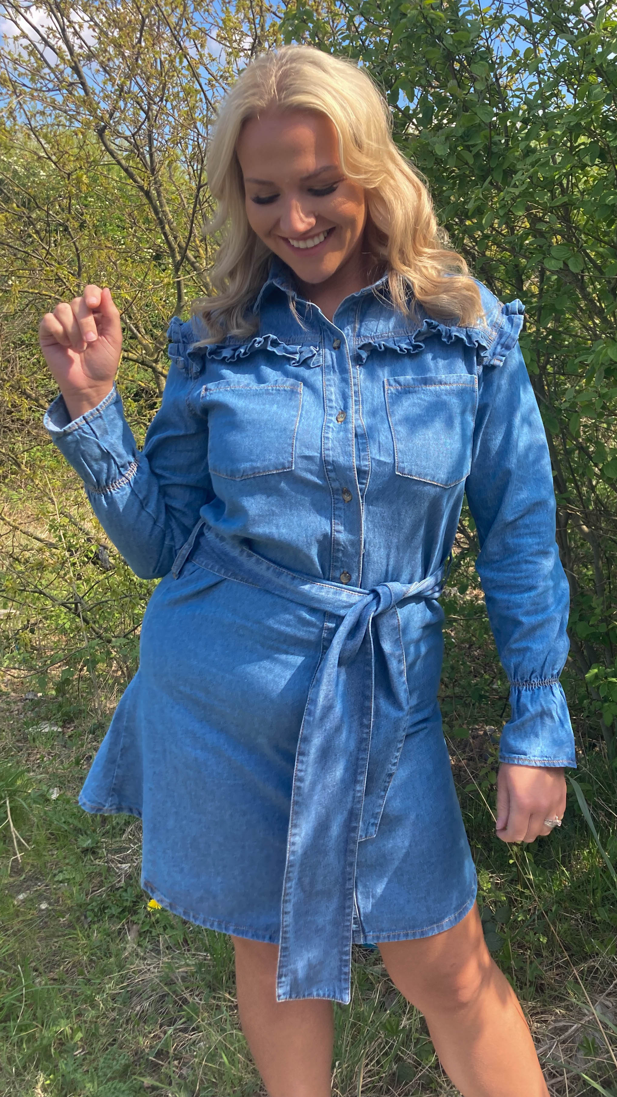 CurveWow Ruffle Denim Shirt Dress