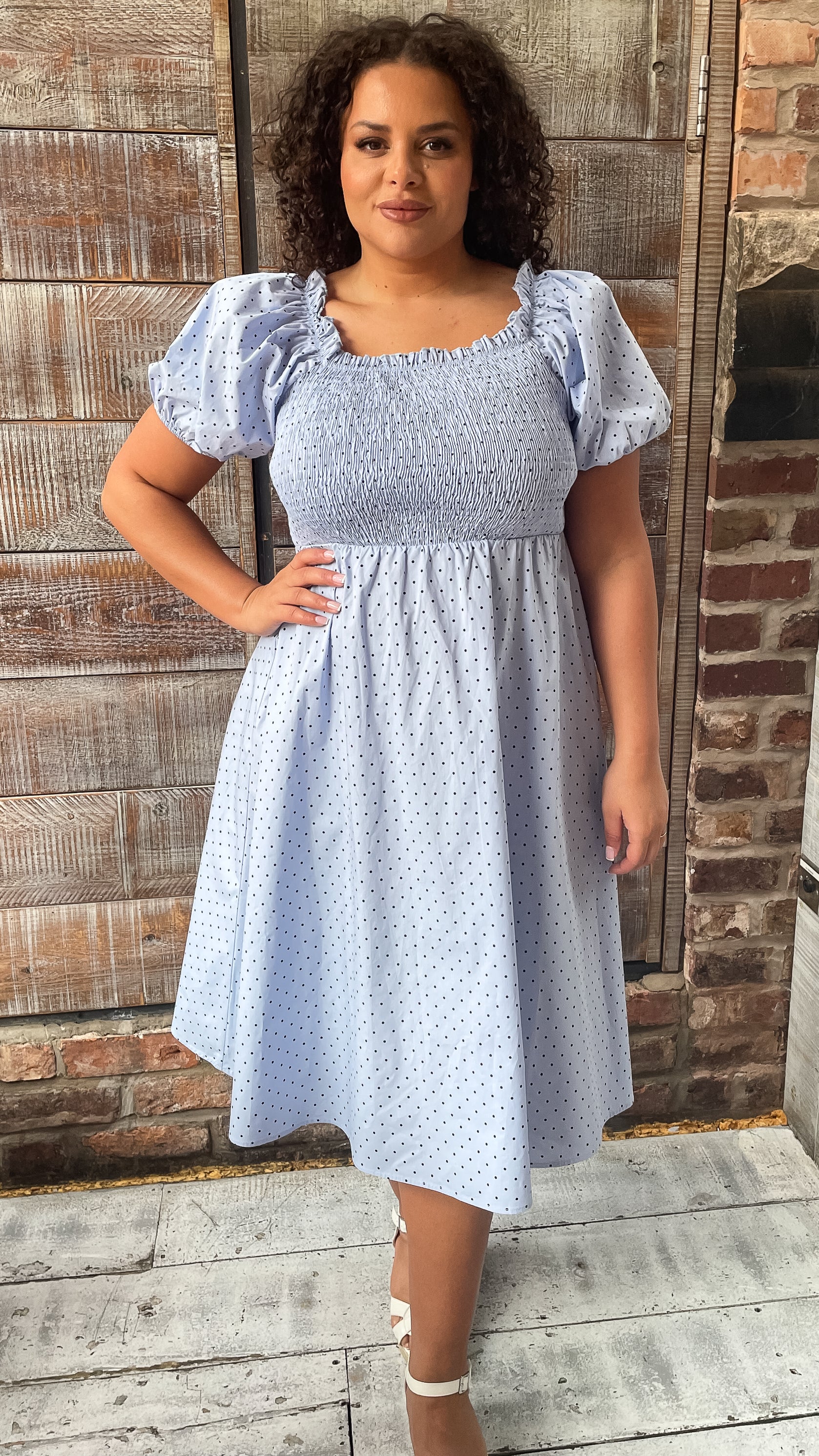 CurveWow Shirred Midi Dress Blue Polka Dot