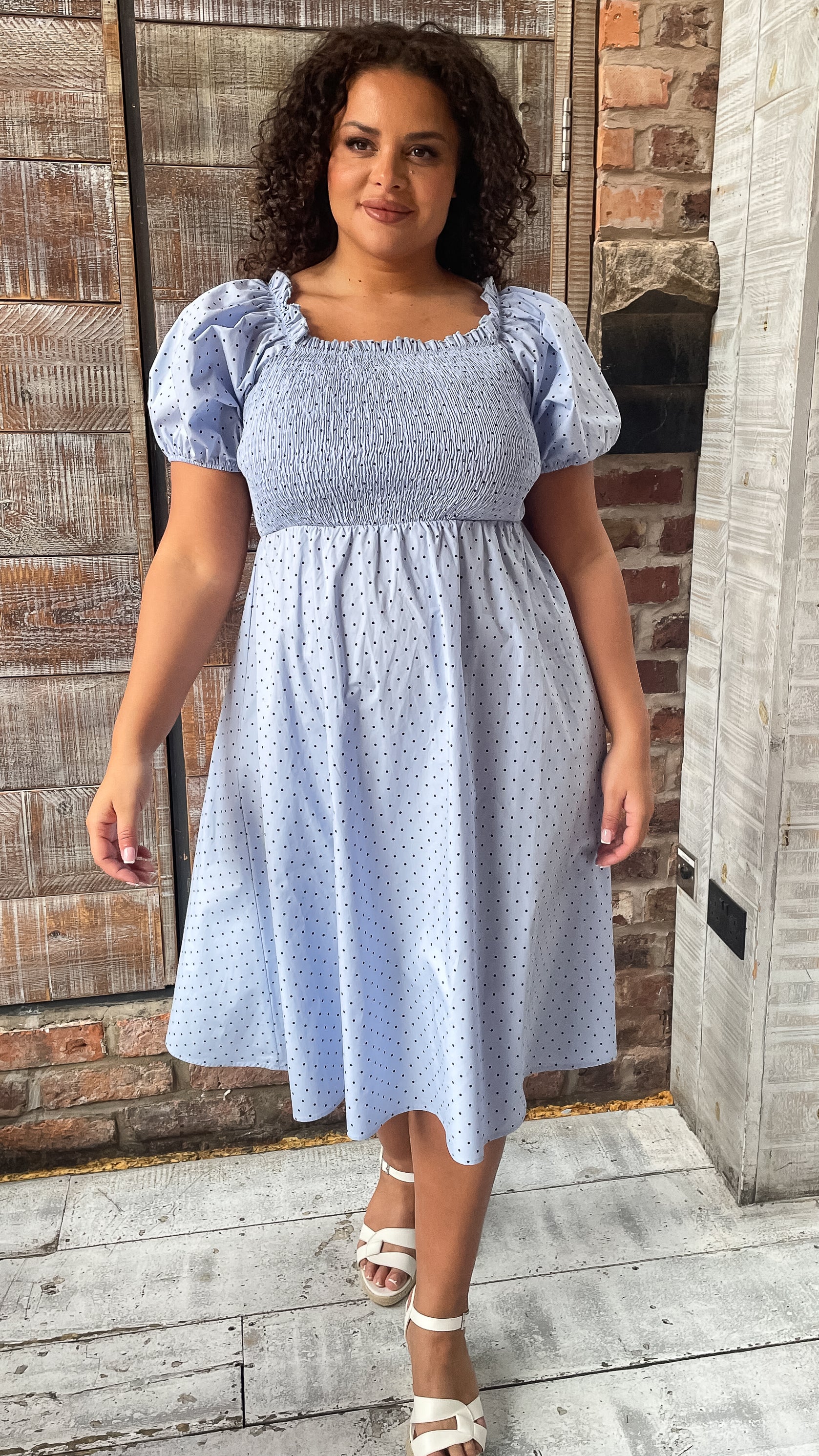 CurveWow Shirred Midi Dress Blue Polka Dot