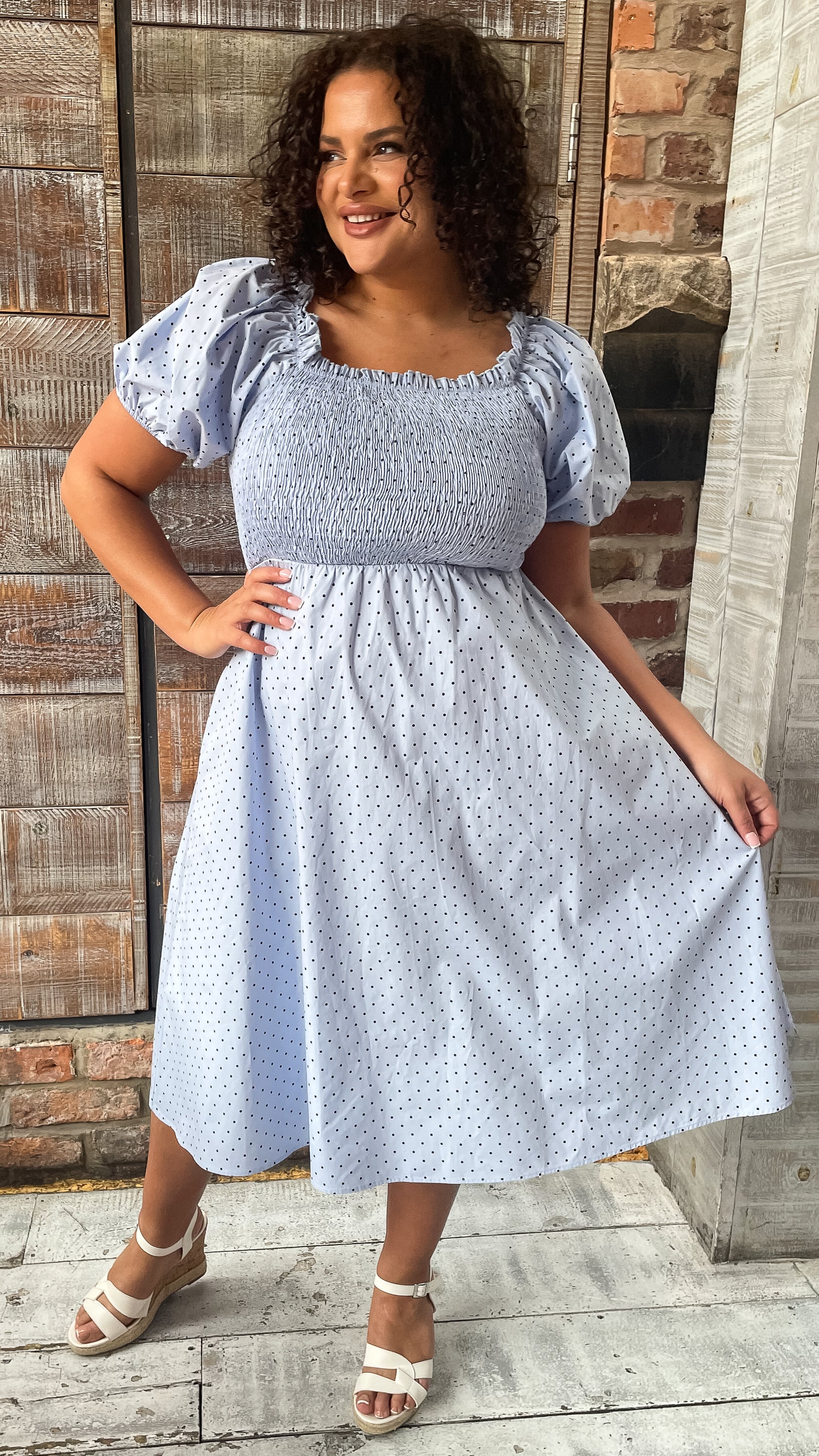 CurveWow Shirred Midi Dress Blue Polka Dot
