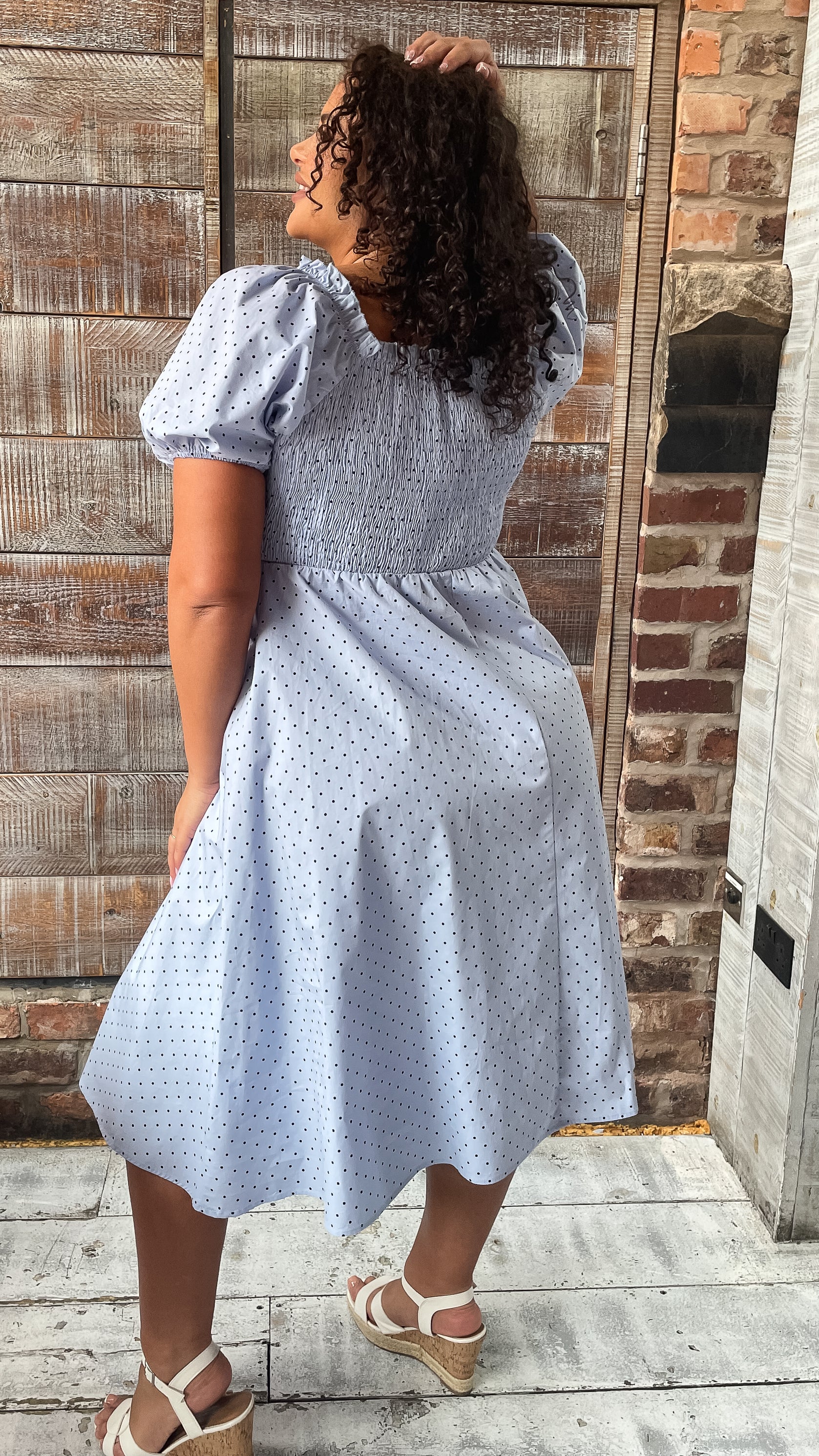 CurveWow Shirred Midi Dress Blue Polka Dot
