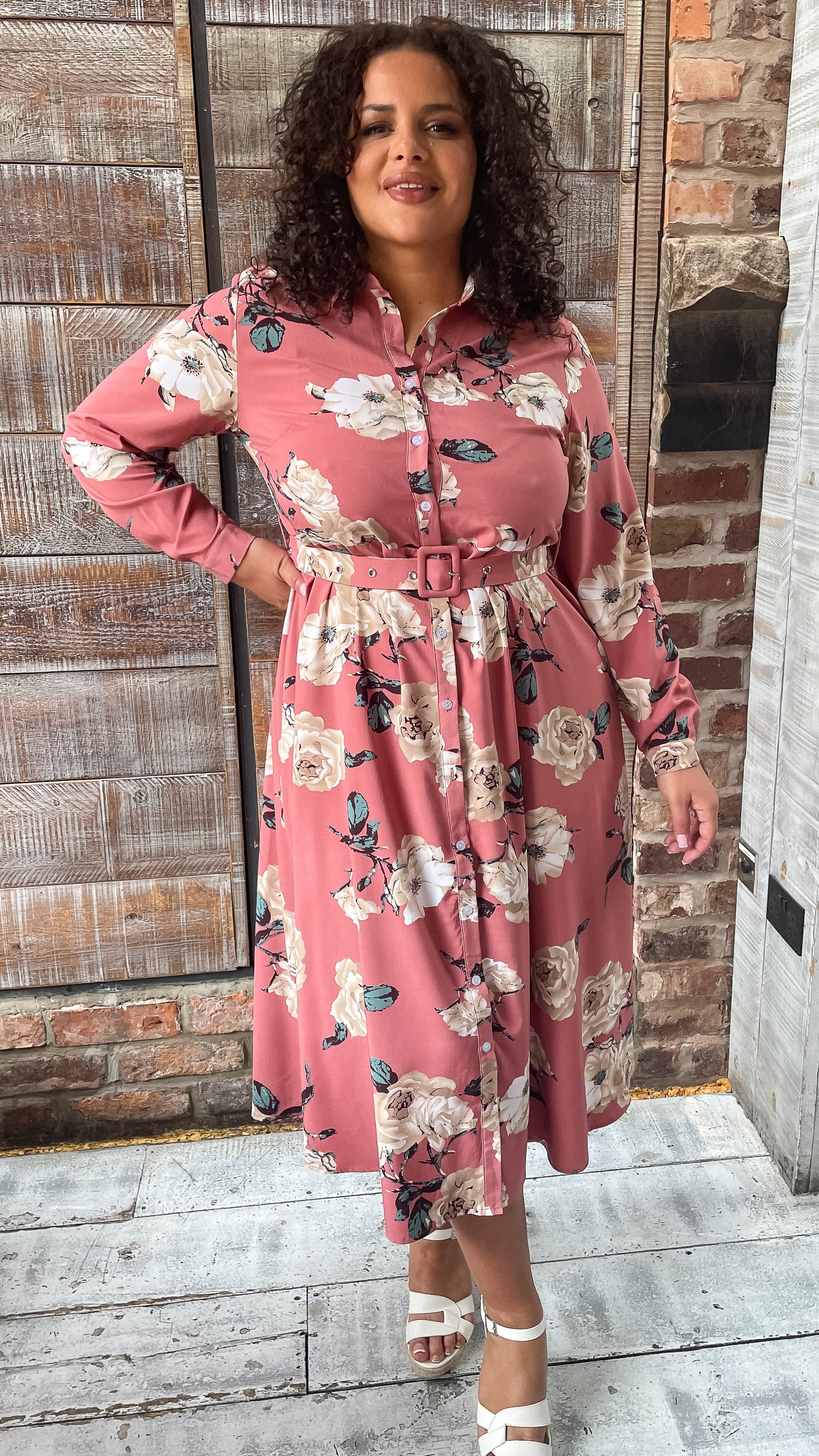CurveWow Belted Shirt Dress Pink Floral – Curvewow
