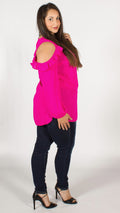 Montreal Fuchsia Cold Shoulder Top with Frill Detail