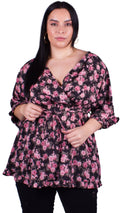 CurveWow Wrap Frill Sleeve Tunic Pink Ditsy