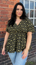 CurveWow Wrap Frill Sleeve Floral Top Black & Yellow