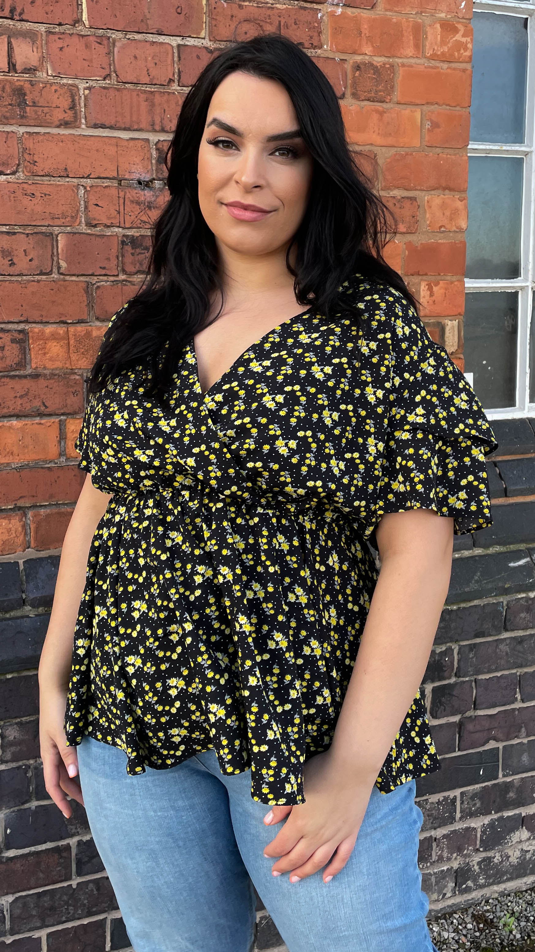 black and yellow floral top