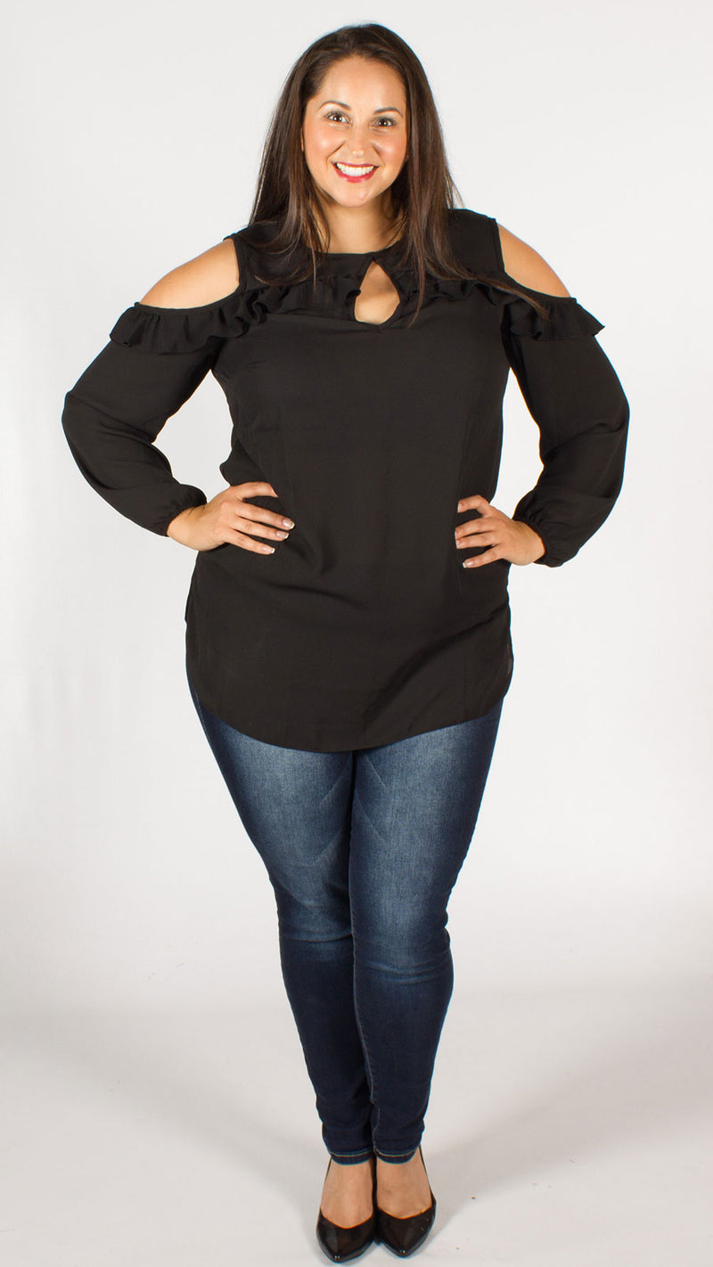 Montreal Black Cold Shoulder Top with Frill Detail