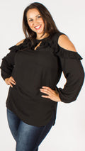 Montreal Black Cold Shoulder Top with Frill Detail