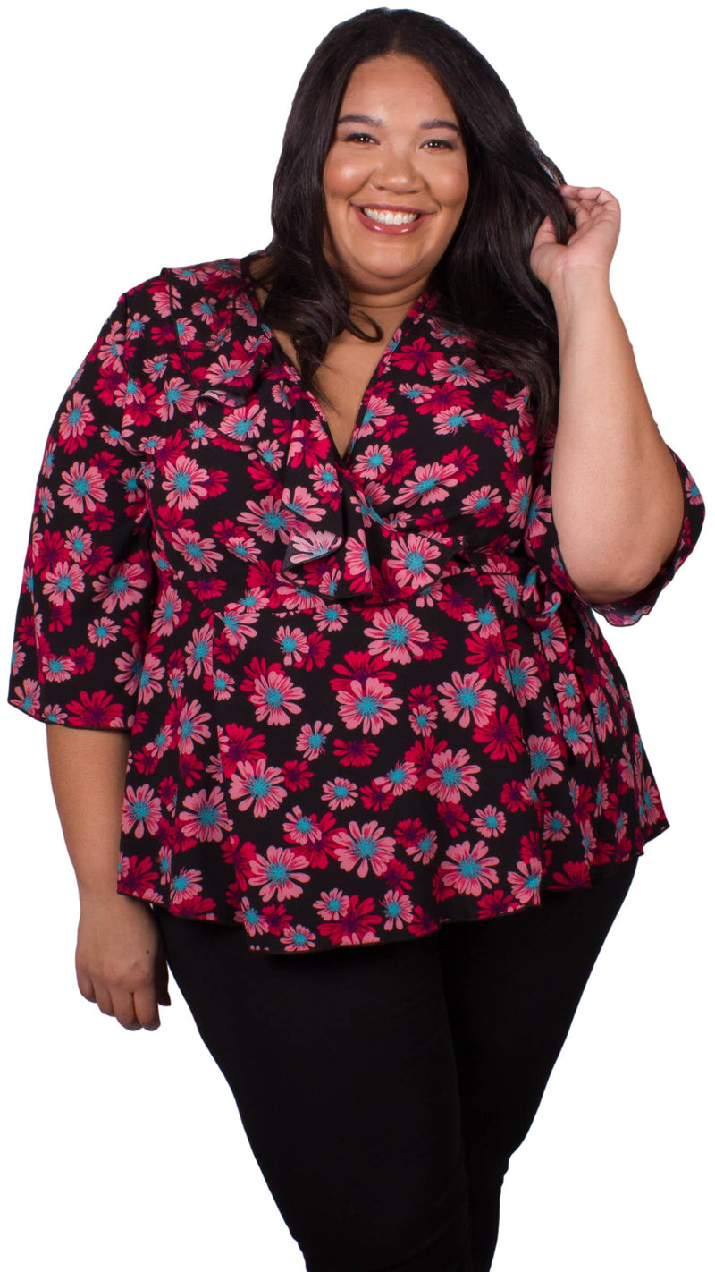 Kyra Black and Pink Floral Wrap Top