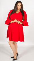 V Neck Flute Sleeve Dress Red