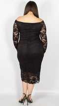 CurveWow Off the Shoulder Lace Midi Dress Black