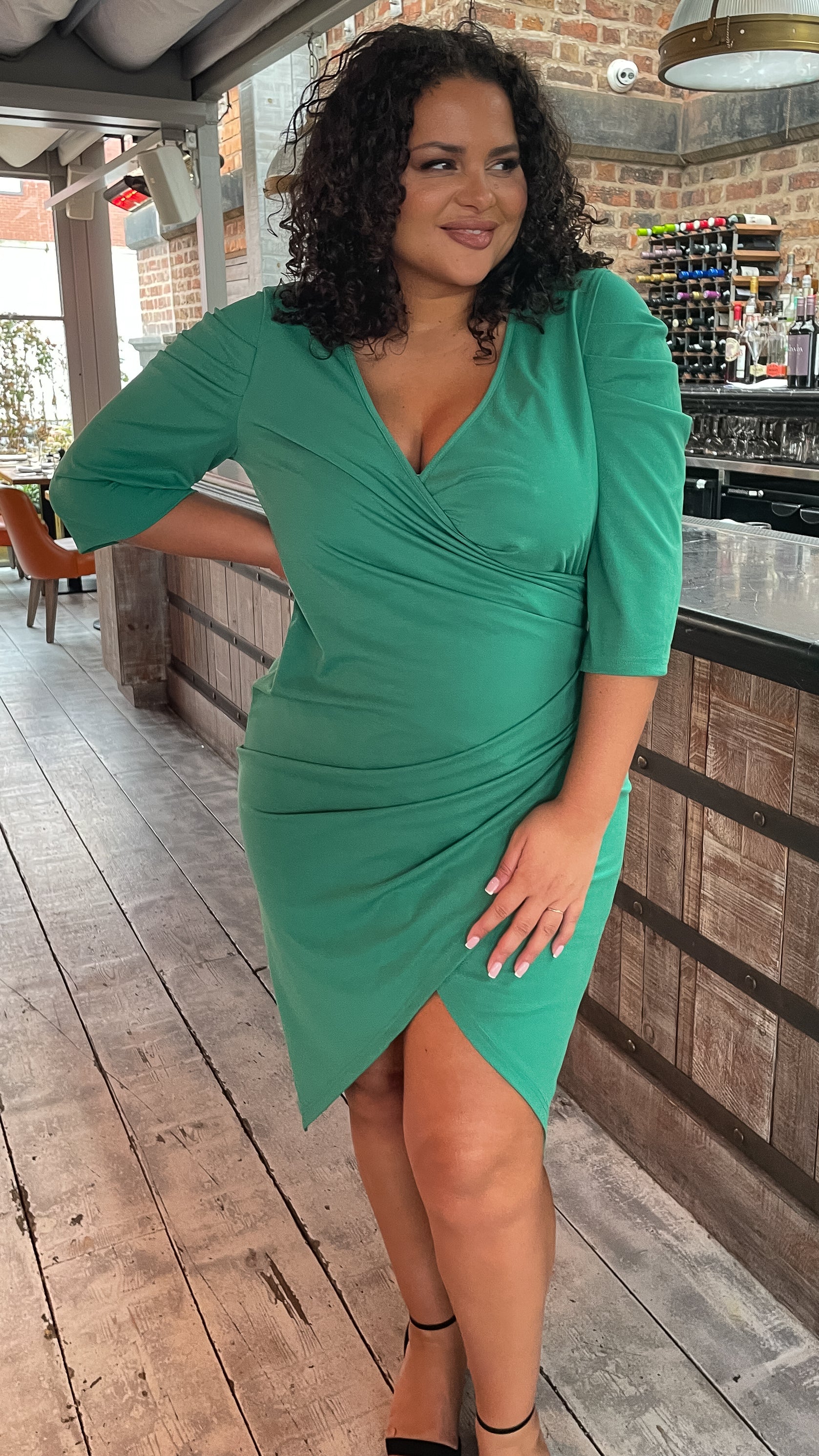 CurveWow Bottle Green Puff Sleeve Wrap Midi Dress