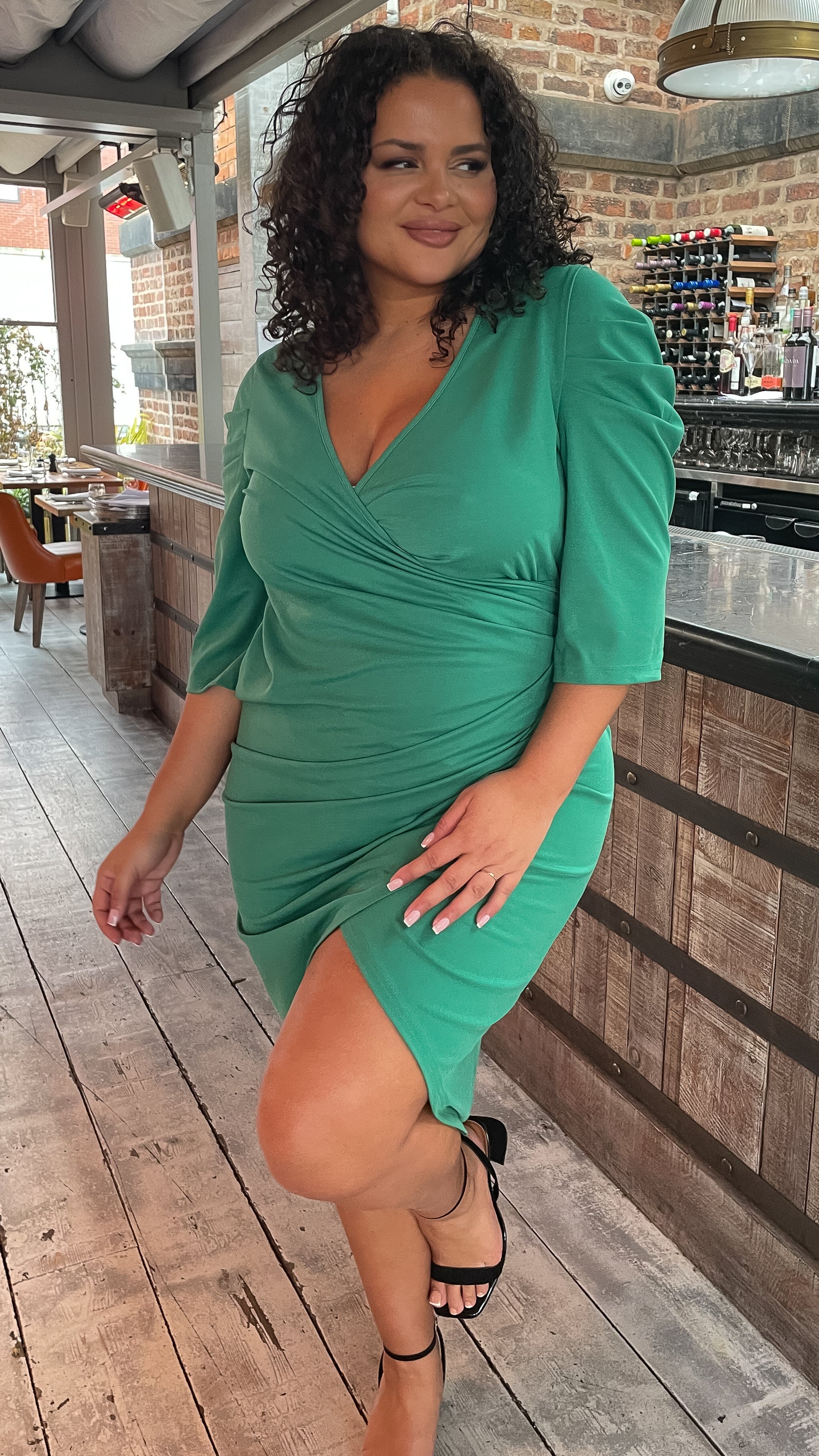CurveWow Bottle Green Puff Sleeve Wrap Midi Dress