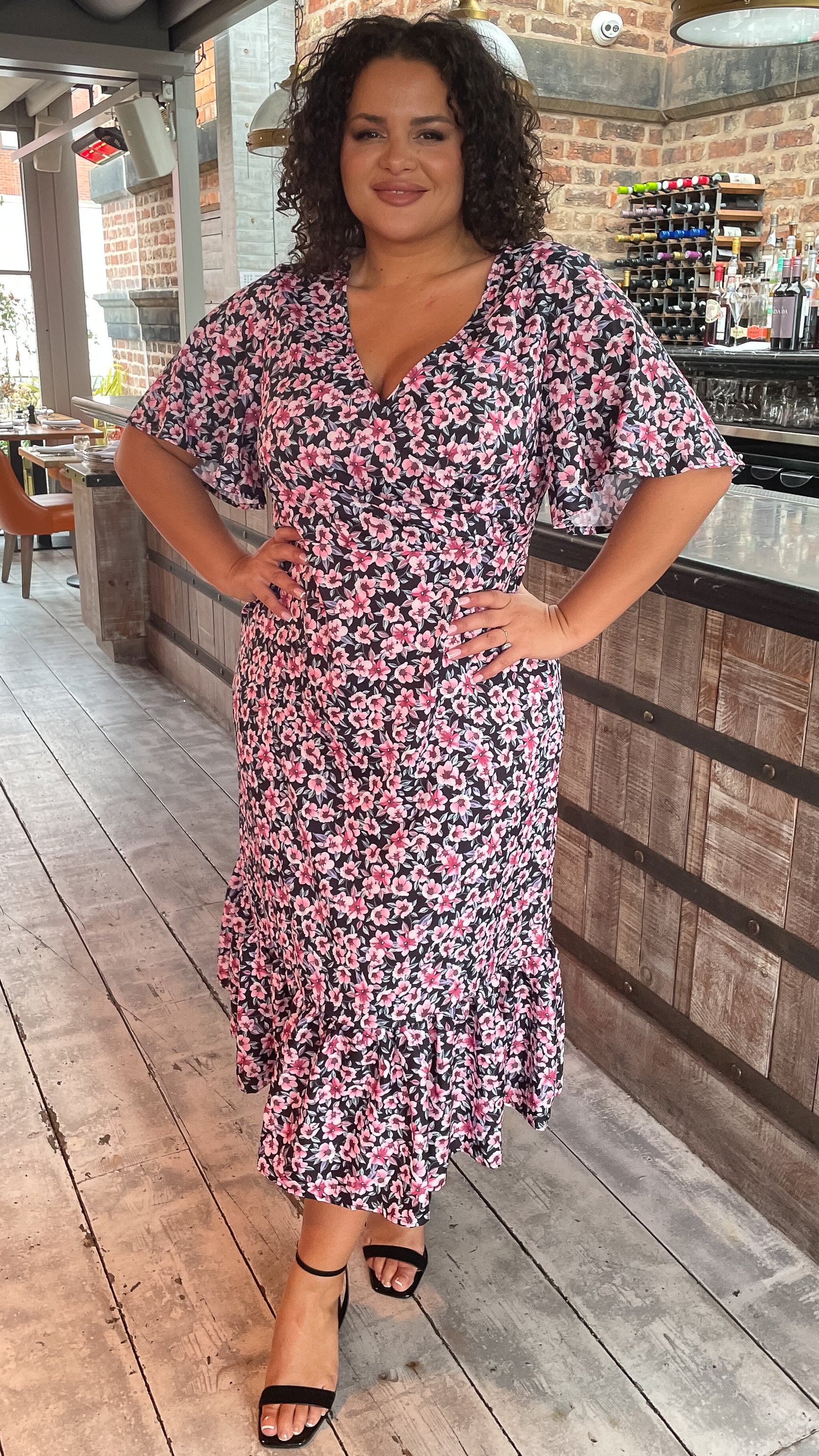 CurveWow Wrap Smock Dress Black Pink Floral
