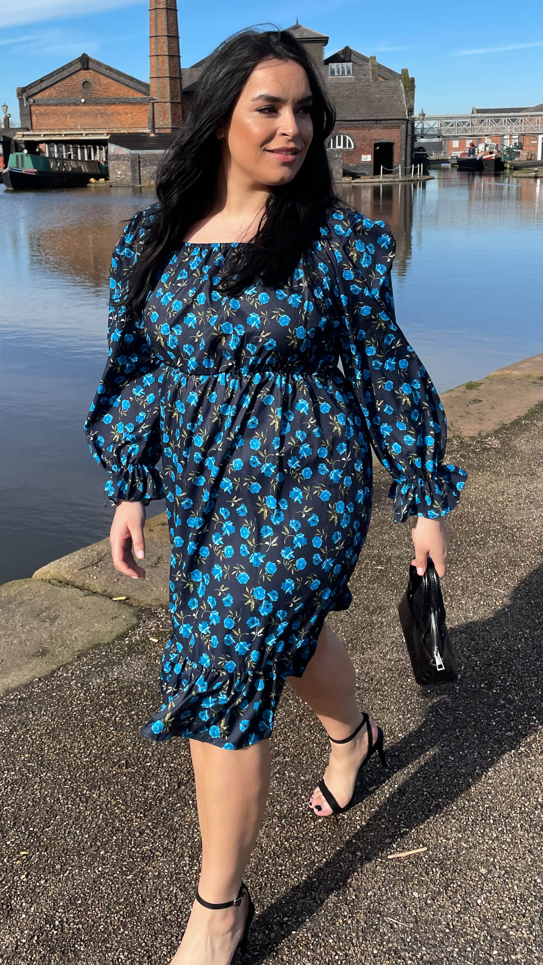 CurveWow Square Neck Dress Blue Floral