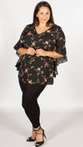 Auckland Black Floral Blouse with Assymetric Flute Sleeves