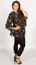 Auckland Black Floral Blouse with Assymetric Flute Sleeves