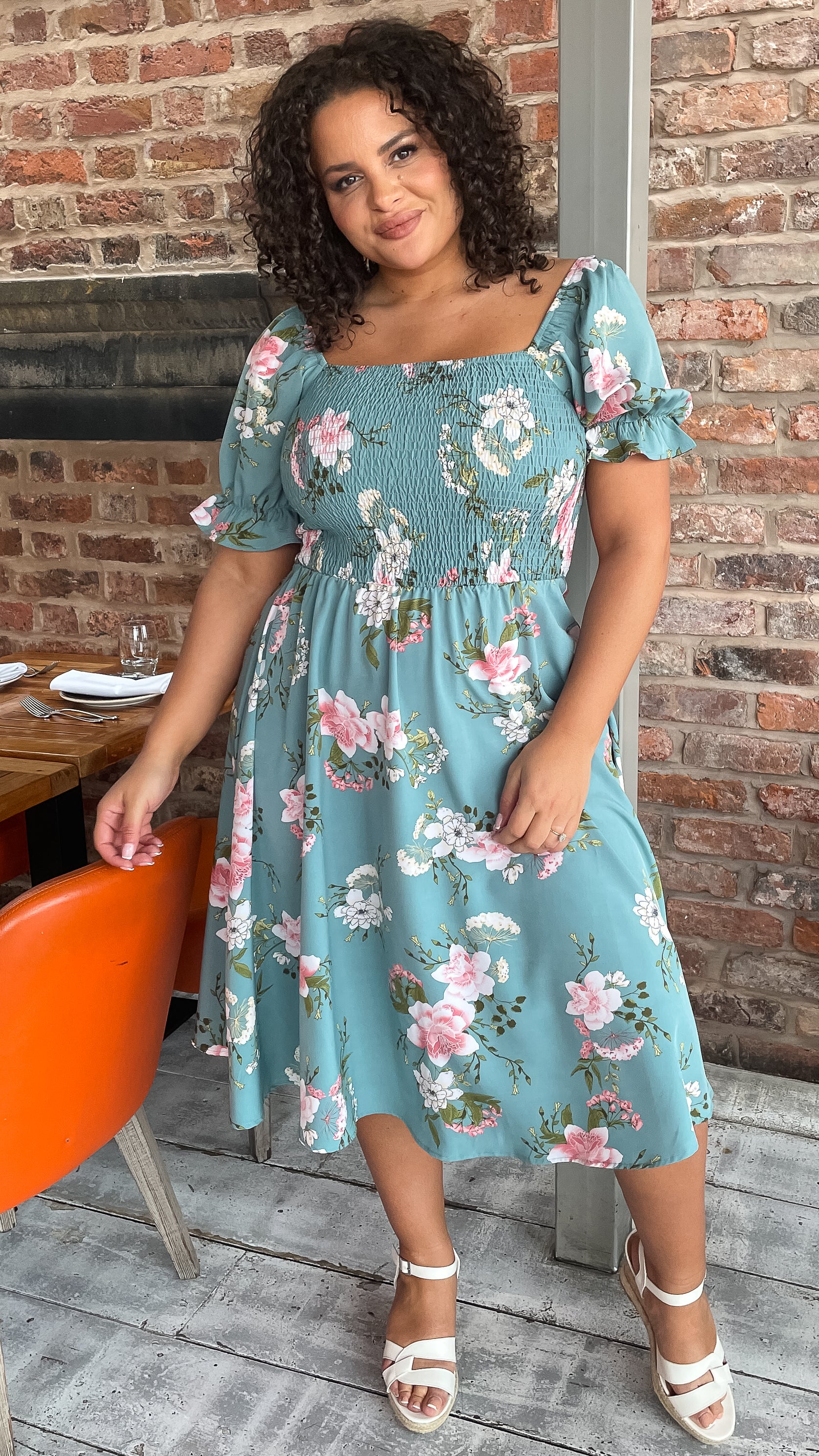 CurveWow Square Neck Shirred Midi Dress Green Floral