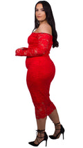 CurveWow Off the Shoulder Lace Midi Dress Red