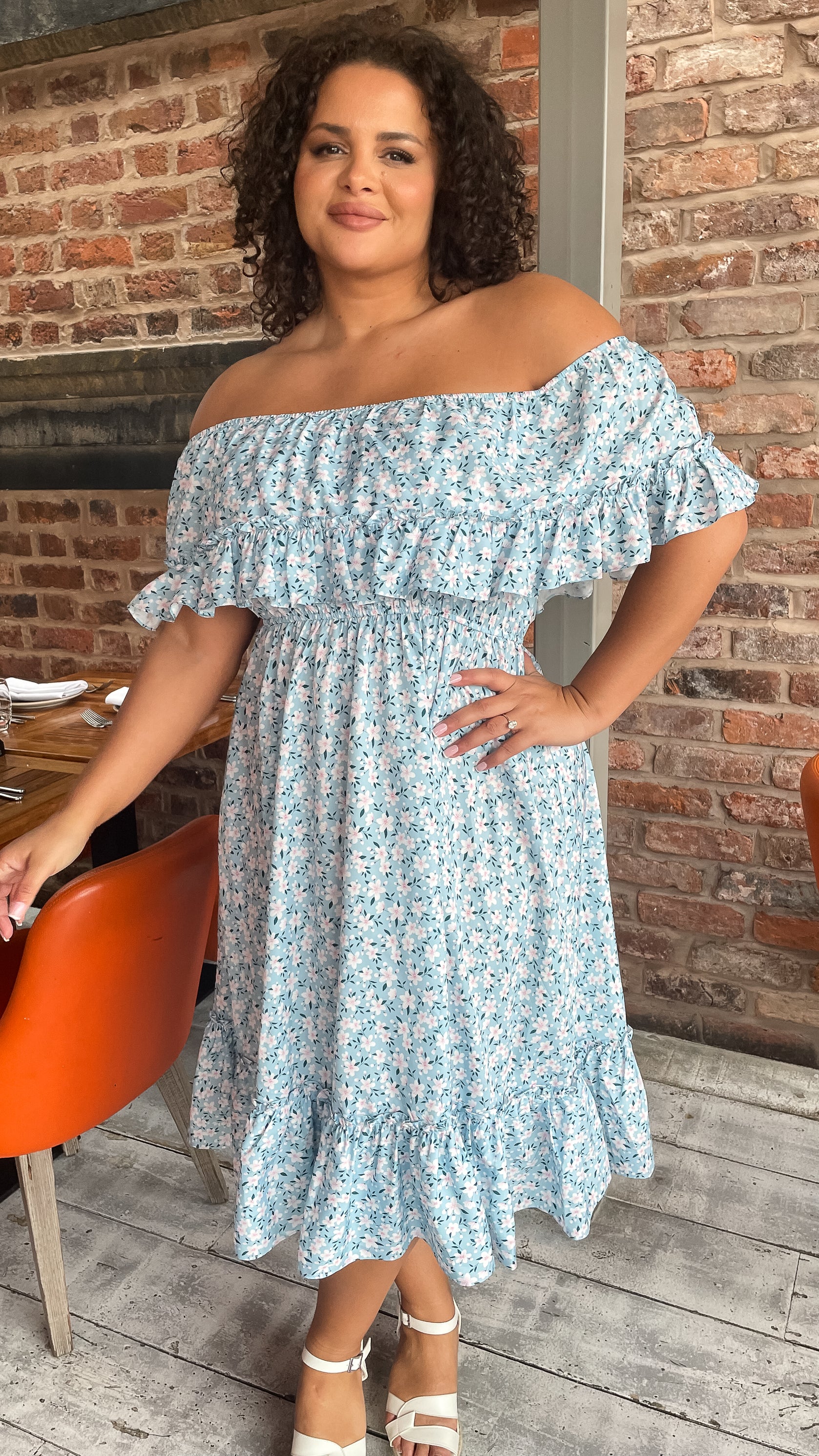 CurveWow Frill Bardot Dress Blue Floral – Curvewow