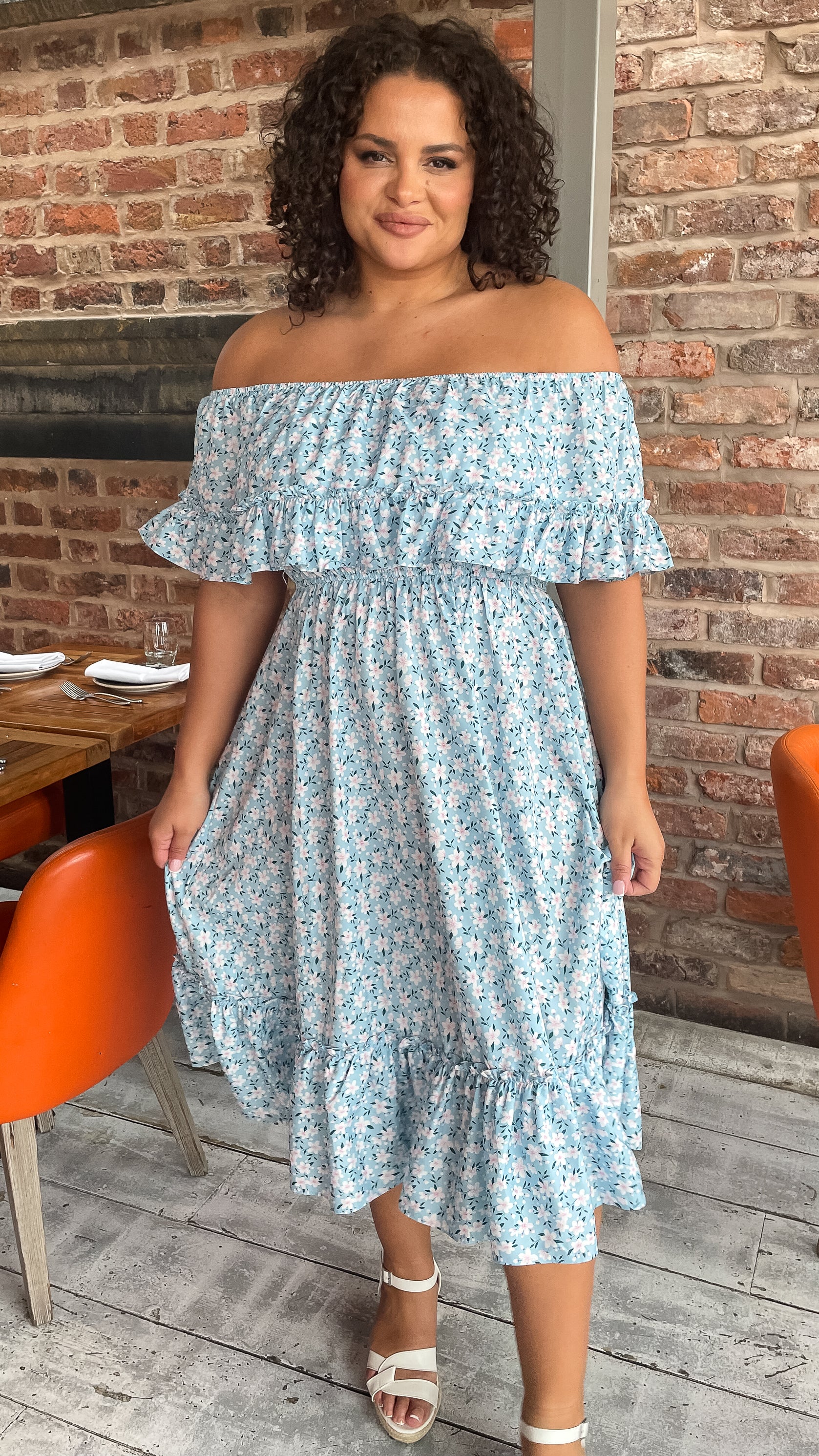 blue floral bardot dress Bardot Ruched Detail Layered Frill Mini Dress In Blue Floral Print | EGO US