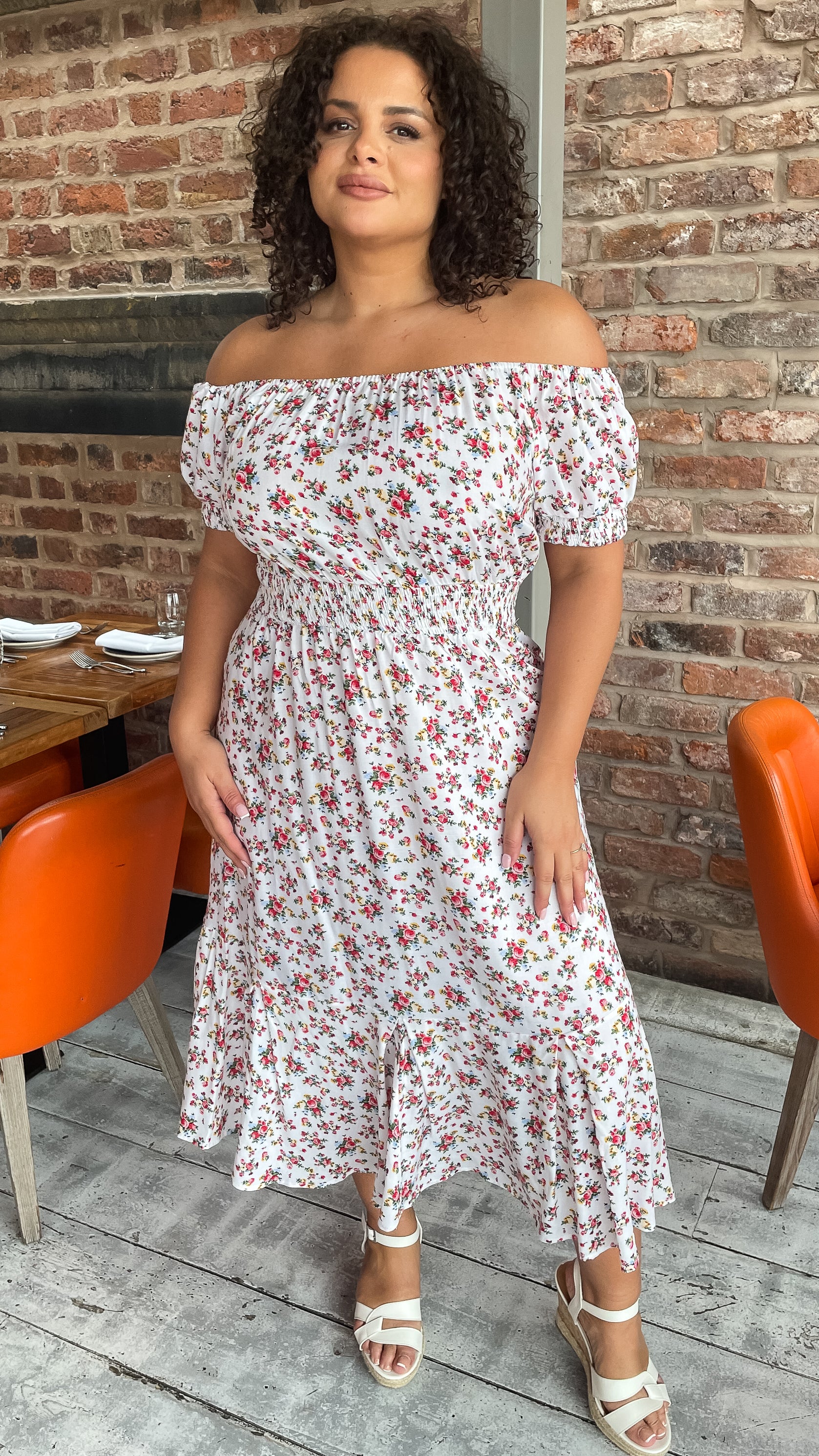CurveWow White & Red Floral Bardot Midi Dress
