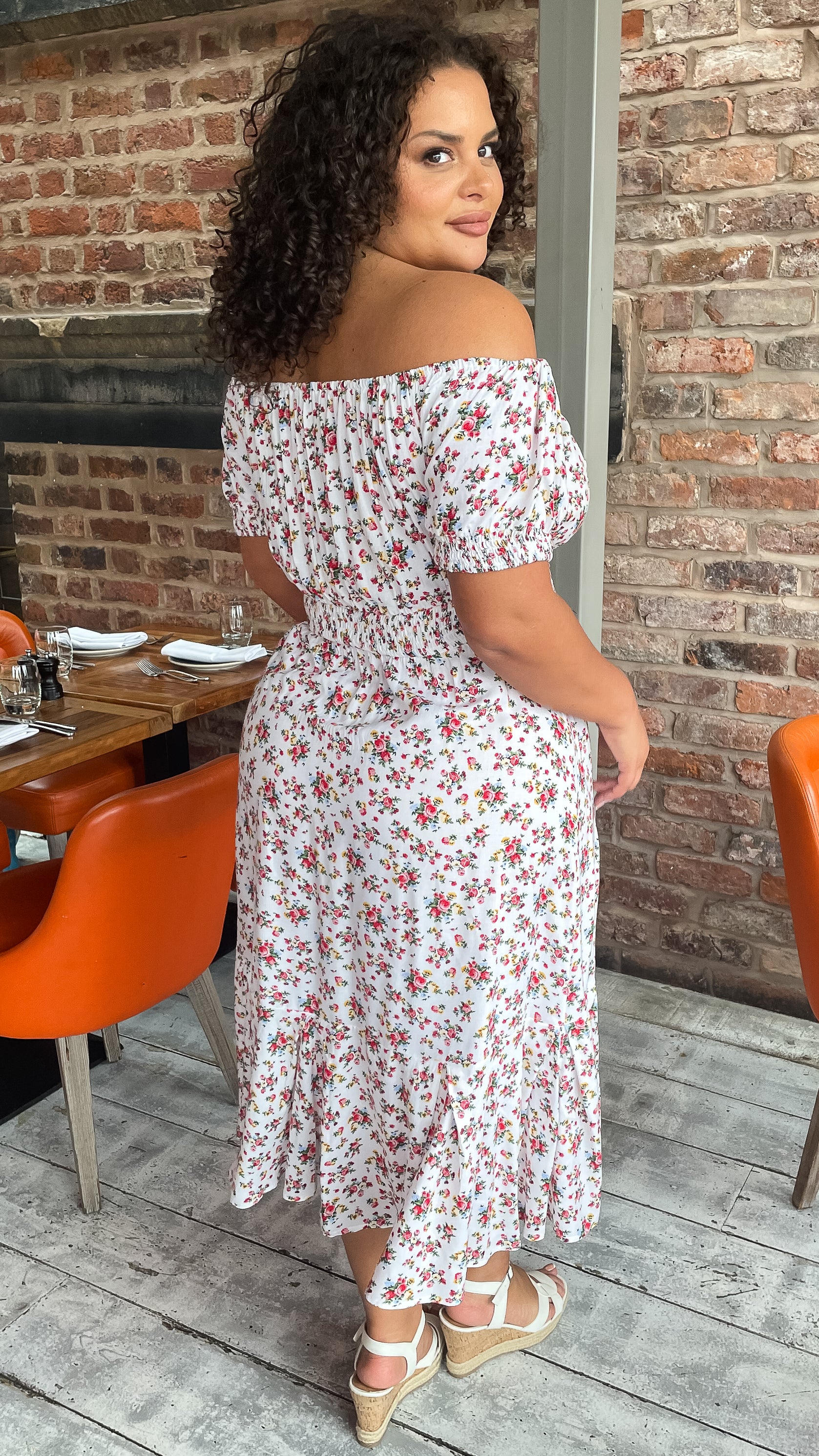 CurveWow White & Red Floral Bardot Midi Dress