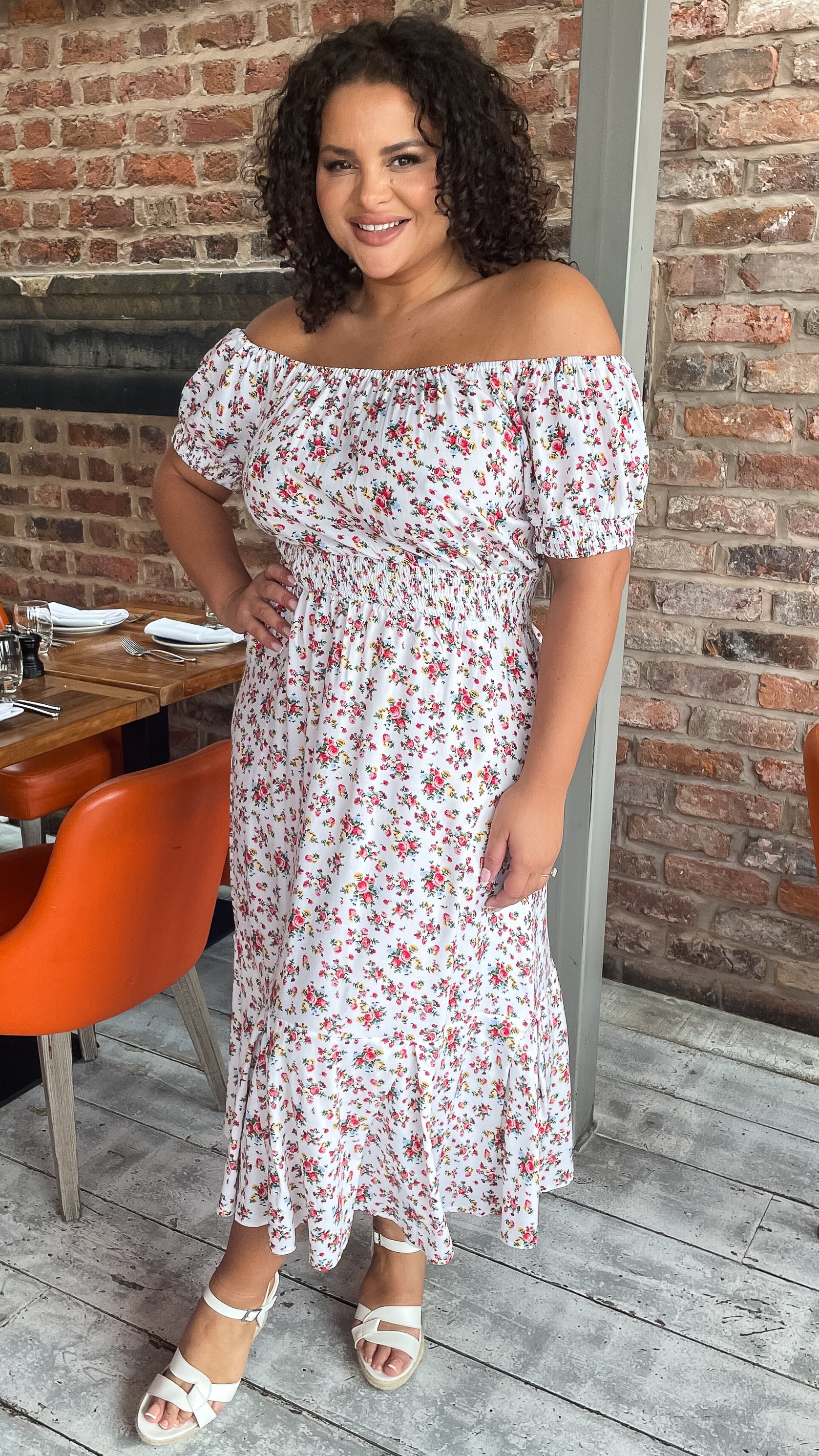 CurveWow White & Red Floral Bardot Midi Dress