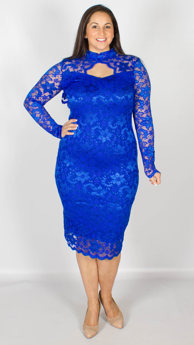 Rosario Blue Midi Dress with Long Sleeves & Scallop Detailing