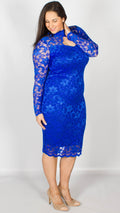 Rosario Blue Midi Dress with Long Sleeves & Scallop Detailing