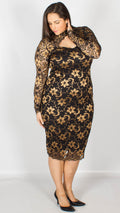 Rosario Gold Midi Dress with Long Sleeves & Scallop Detailing