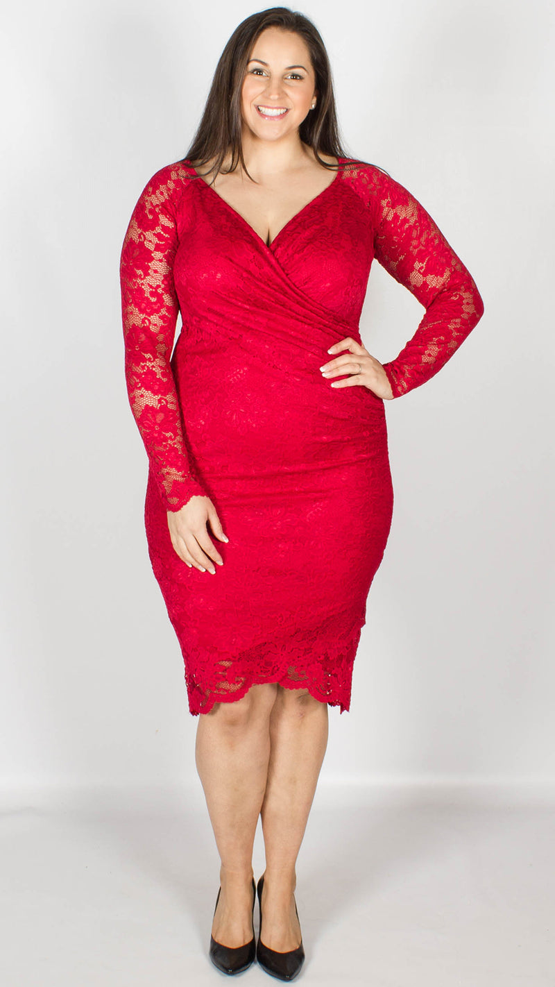 Arica Red Wrap Midi Dress with Scallop Detailing