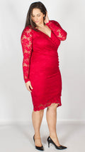 Arica Red Wrap Midi Dress with Scallop Detailing