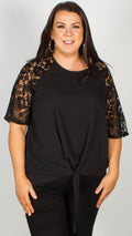 Ria Black Lace Sleeve Top With Knot Front