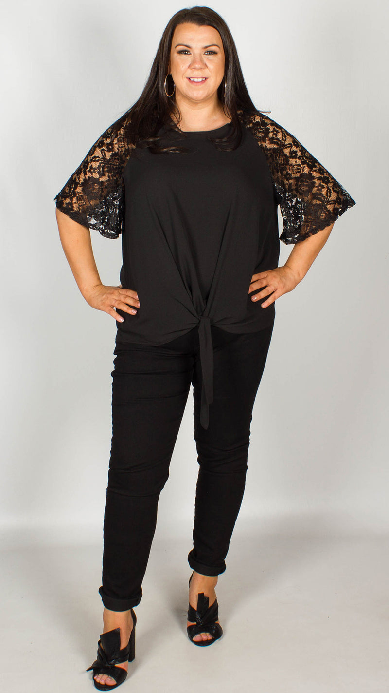 Ria Black Lace Sleeve Top With Knot Front