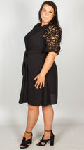 Rita Black Lace Sleeve Dress With Knot Front
