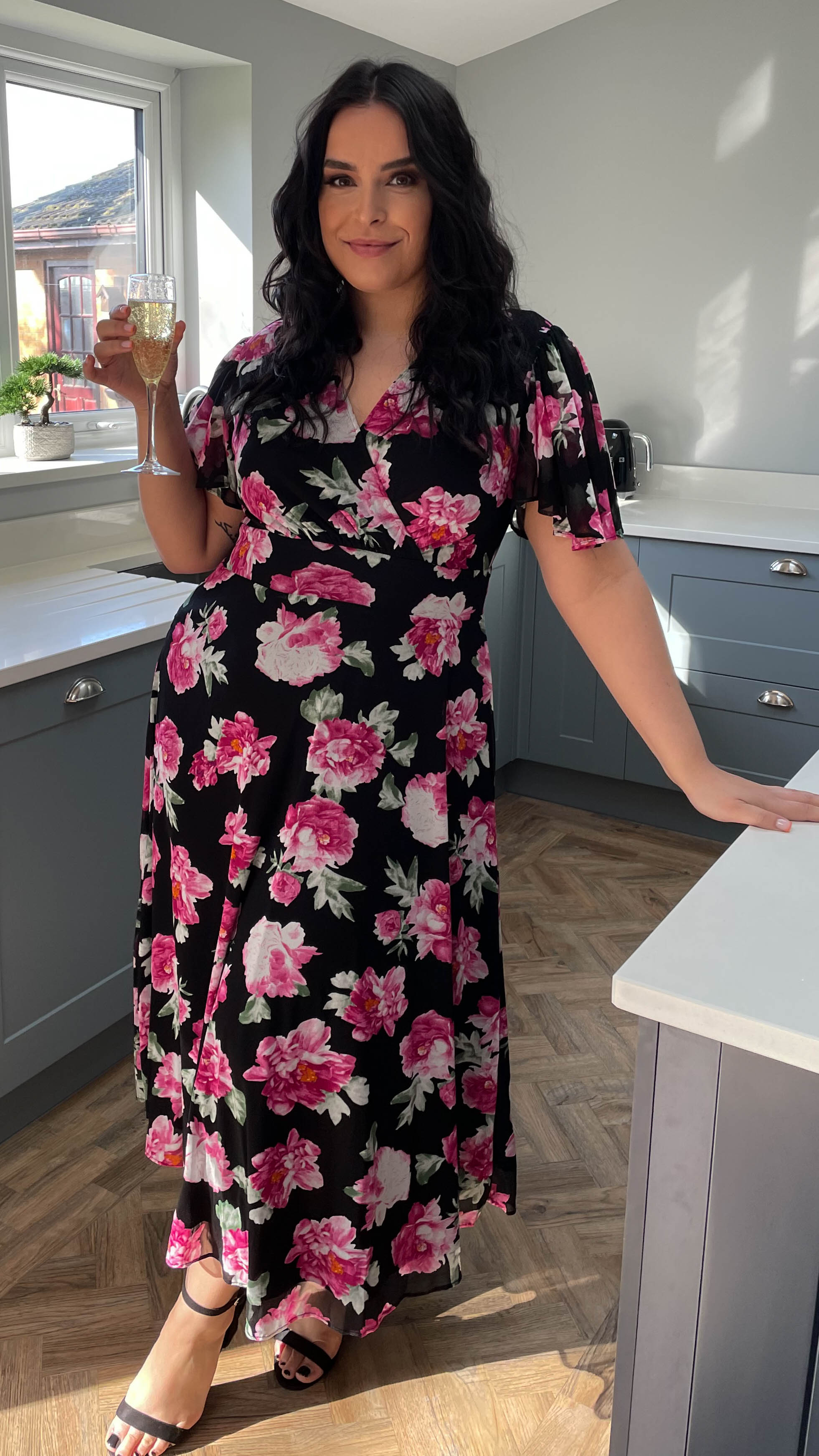 CurveWow Mesh Angel Sleeve Dress Pink Floral